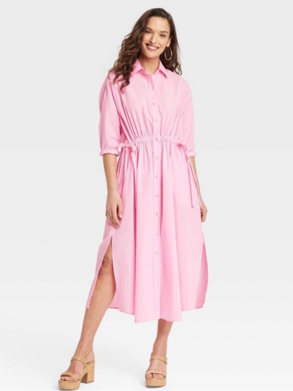 Universal Thread Babydoll Pink Cinched Waist Long Sleeve Midi Shirt Dress Small